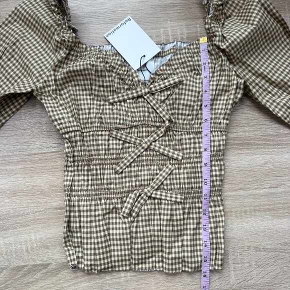 NWT Reformation Lauryn Checkered Quarter Sleeve Bow Top Brown 8 - Picture 9 of 17
